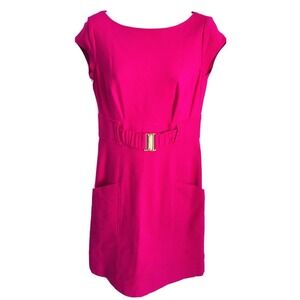 Cache Contour Collection Pink Ponte Knit Gold Belt Sheath Dress 8 EUC